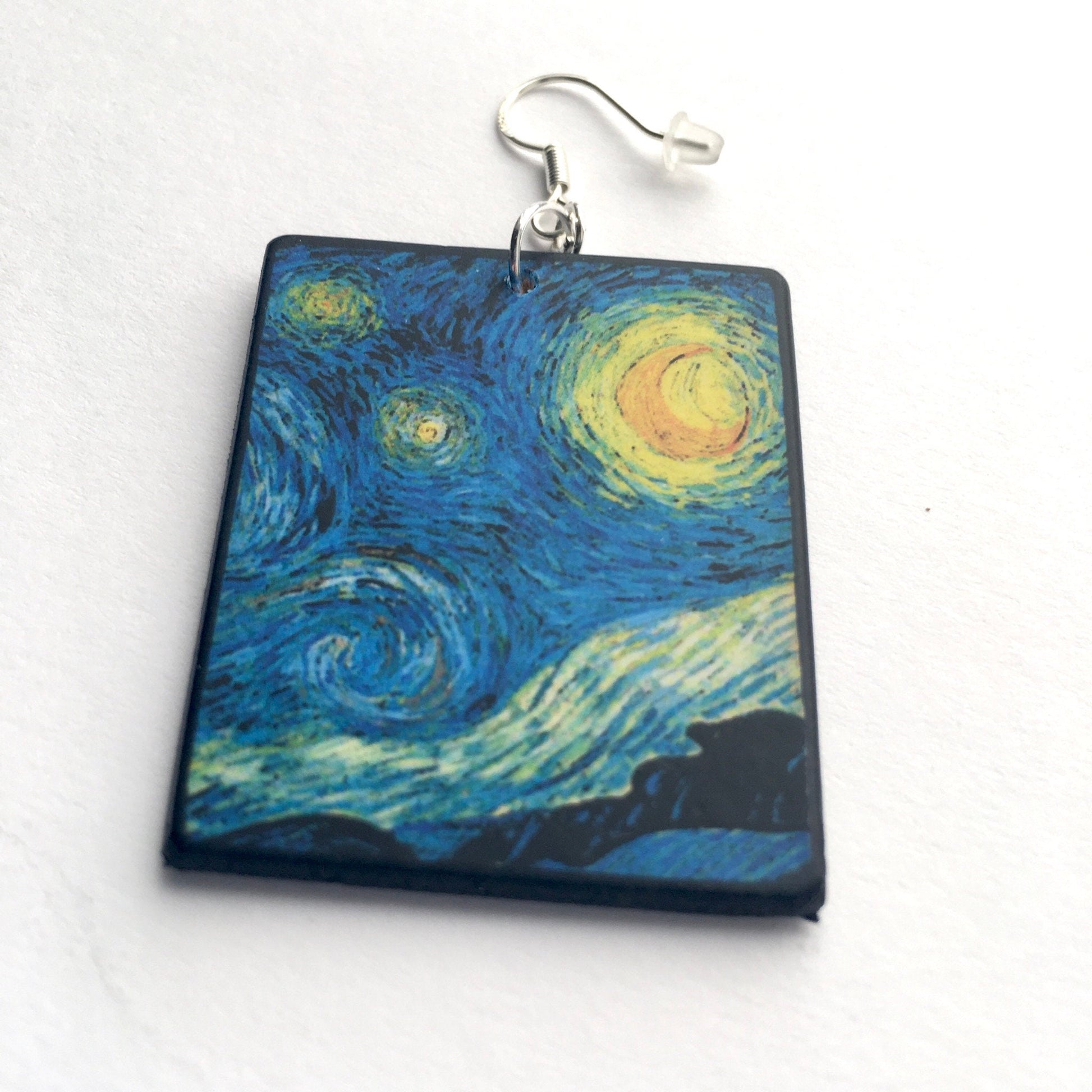 Museum-Inspired Sustainable Earrings Vincent van Gogh, Starry Night, sustainable fashion, wood and sterling silver, art earrings, Obljewellery