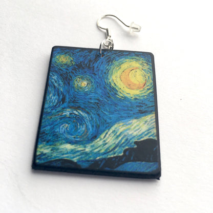 Museum-Inspired Sustainable Earrings Vincent van Gogh, Starry Night, sustainable fashion, wood and sterling silver, art earrings, Obljewellery