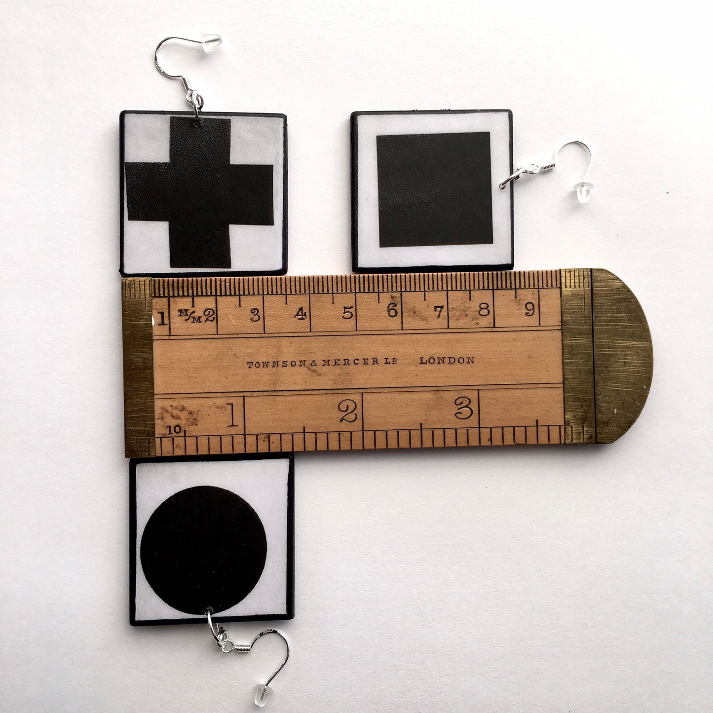 Geometric, abstract, statement art earrings inspired Obljewellery by Kazimir Malevich and his paintings in Suprematism style. Black Cross, Black Circle and Black Square