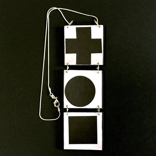 Geometric, abstract, statement art necklace inspired Obljewellery by Kazimir Malevich  and his paintings in Suprematism style.