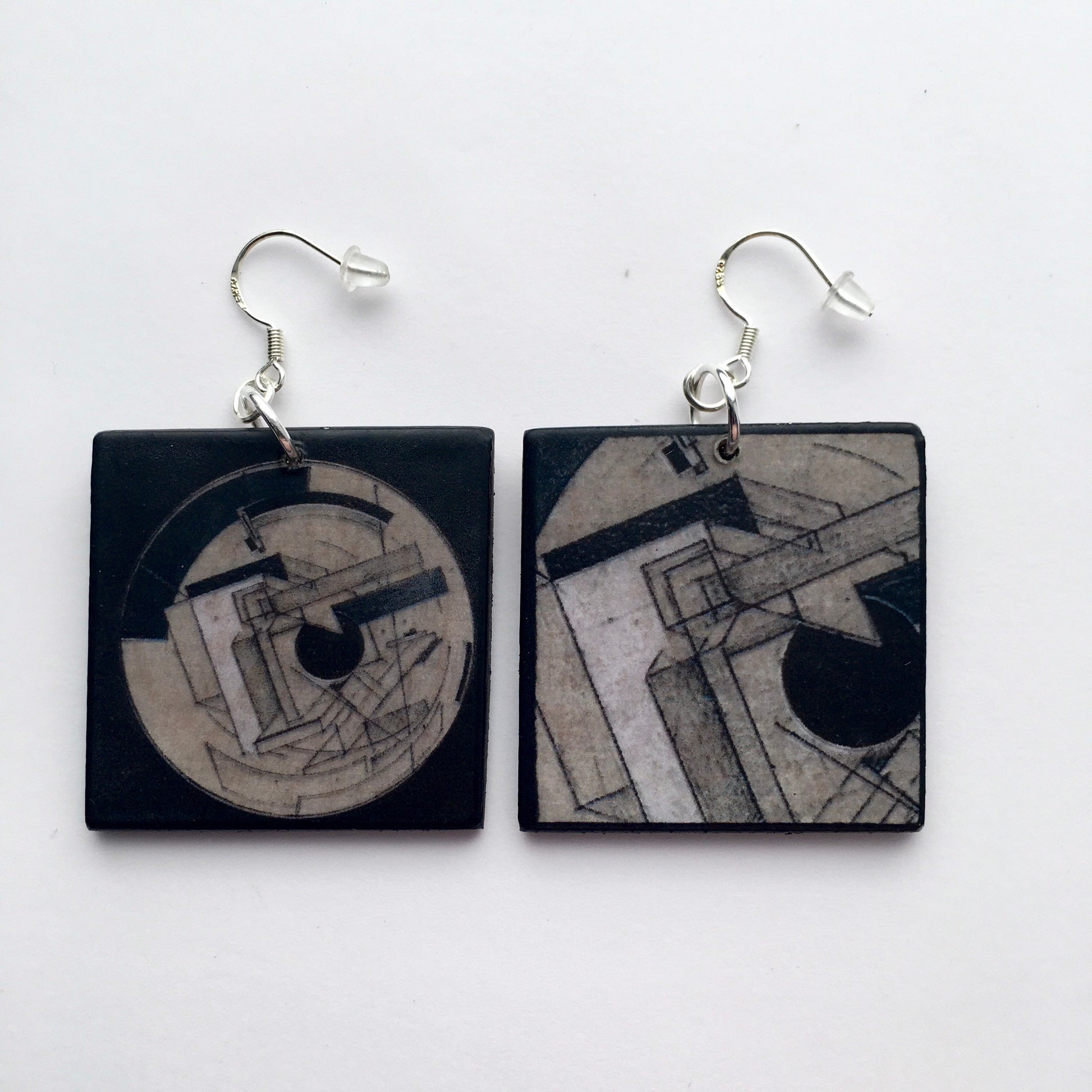 El Lissitzky, geometric, abstract art earrings in sustainable wood and sterling silver 925. Architectonic art gift for her.