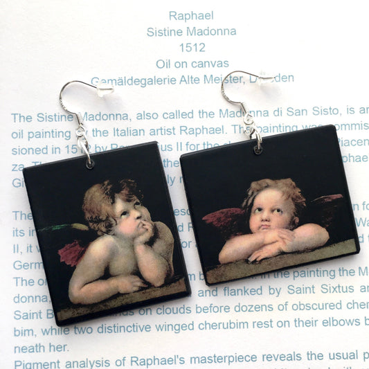 Raphael’s angels, cherubim, aesthetic, wood and sterling silver, asymmetric, art earrings. Christmas mom gift.
