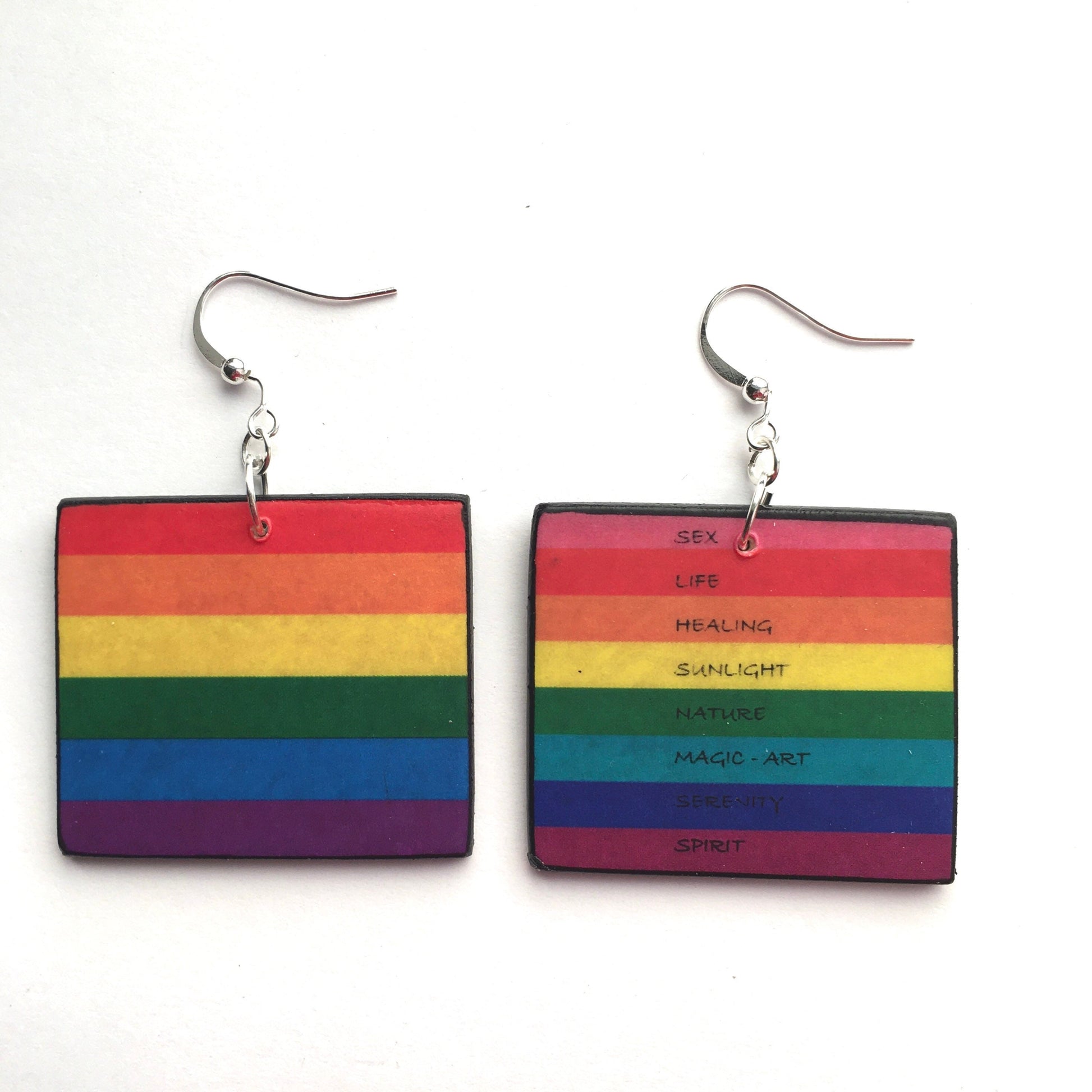 LGBT flag art wooden and plated silver hooks earrings handmade by Obljewellery, aesthetic, artsy gift. Statement, coloured earrings, one with eight-stripe version designed by Gilbert Baker 