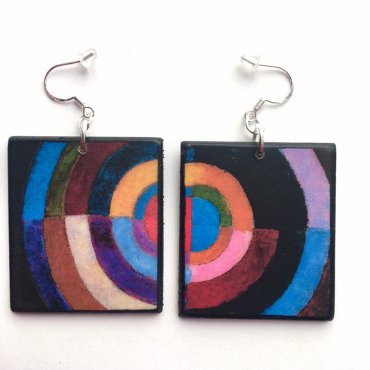 Professionally handmade art based earrings on sustainable wood and sterling silver hooks, "Disque Simultane", 1912 abstract, coloured geometric art by Robert Delaunay. Obljewellery, arsy gifts shop.