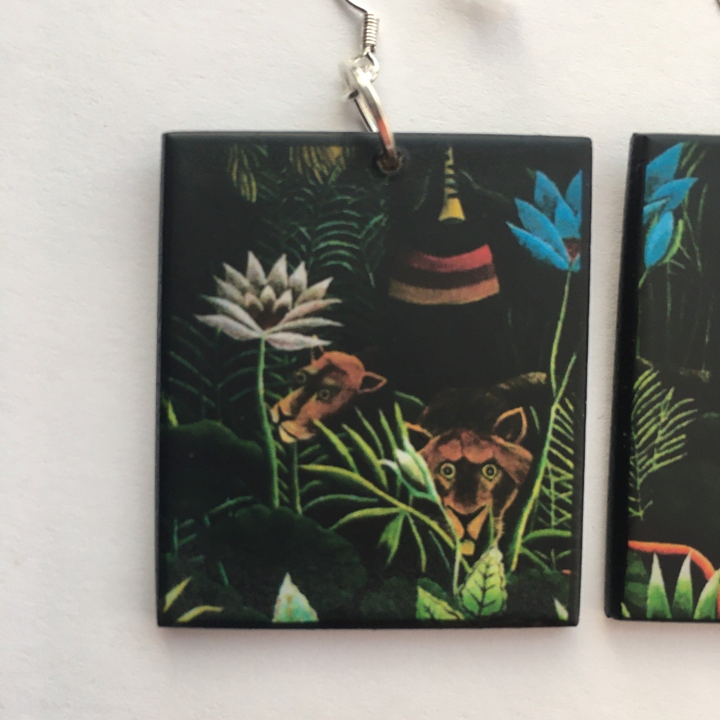 The Dream, Henry Rousseau fantasy forest art, wood, silver hooks earrings. Friend gift.