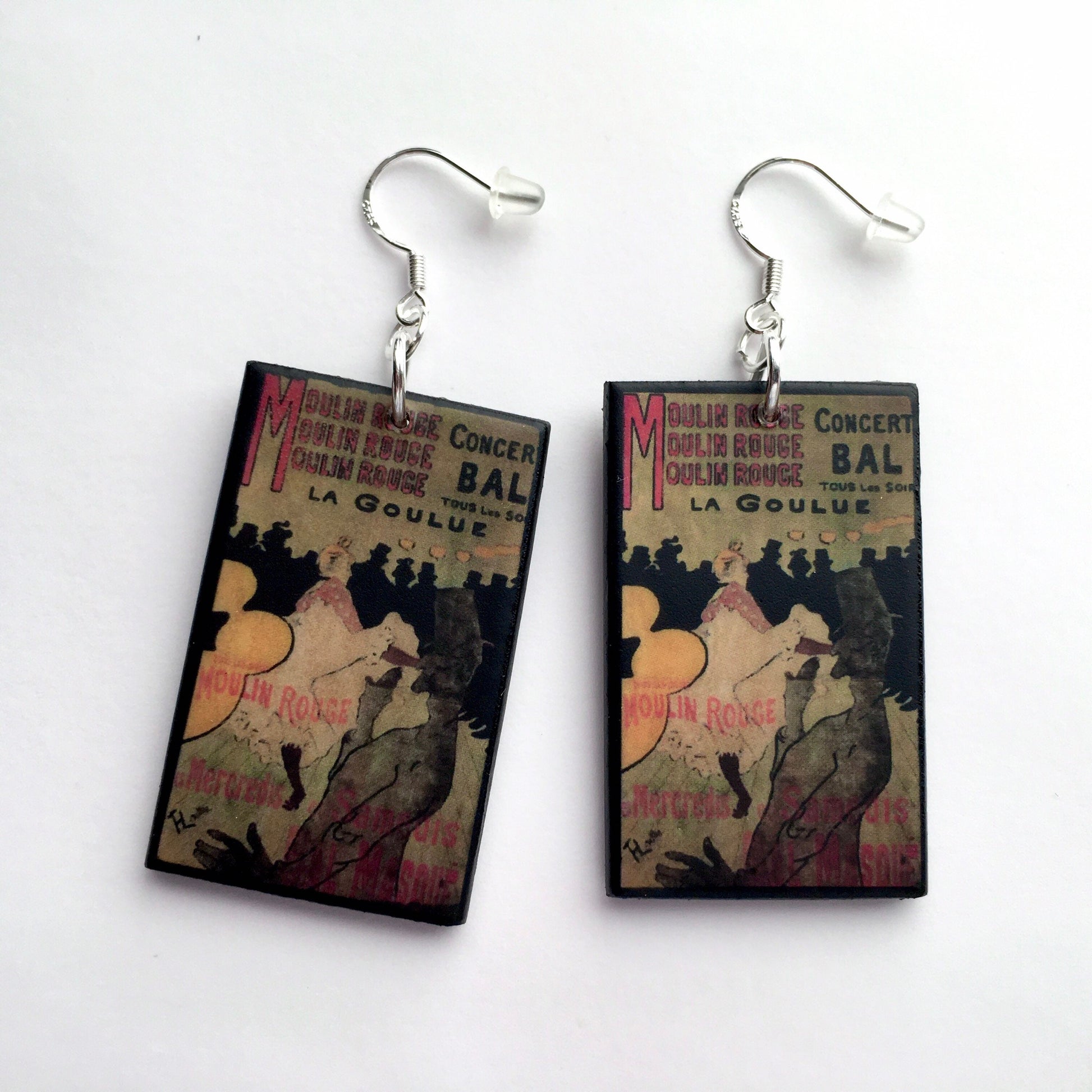 Toulouse Lautrec, Moulin Rouge poster, art earrings. Wood and 925 Sterling Silver earrings. Gift for her.