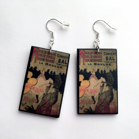 Toulouse Lautrec, Moulin Rouge poster, art earrings. Wood and 925 Sterling Silver earrings. Gift for her.