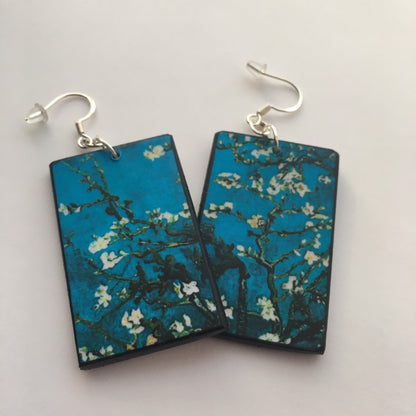 Museum-Inspired Sustainable Earrings Vincent Van Gogh, floral art earrings. Sustainable wood and 925 sterling silver earrings. Alternative engagement earrings gift. Obljewellery