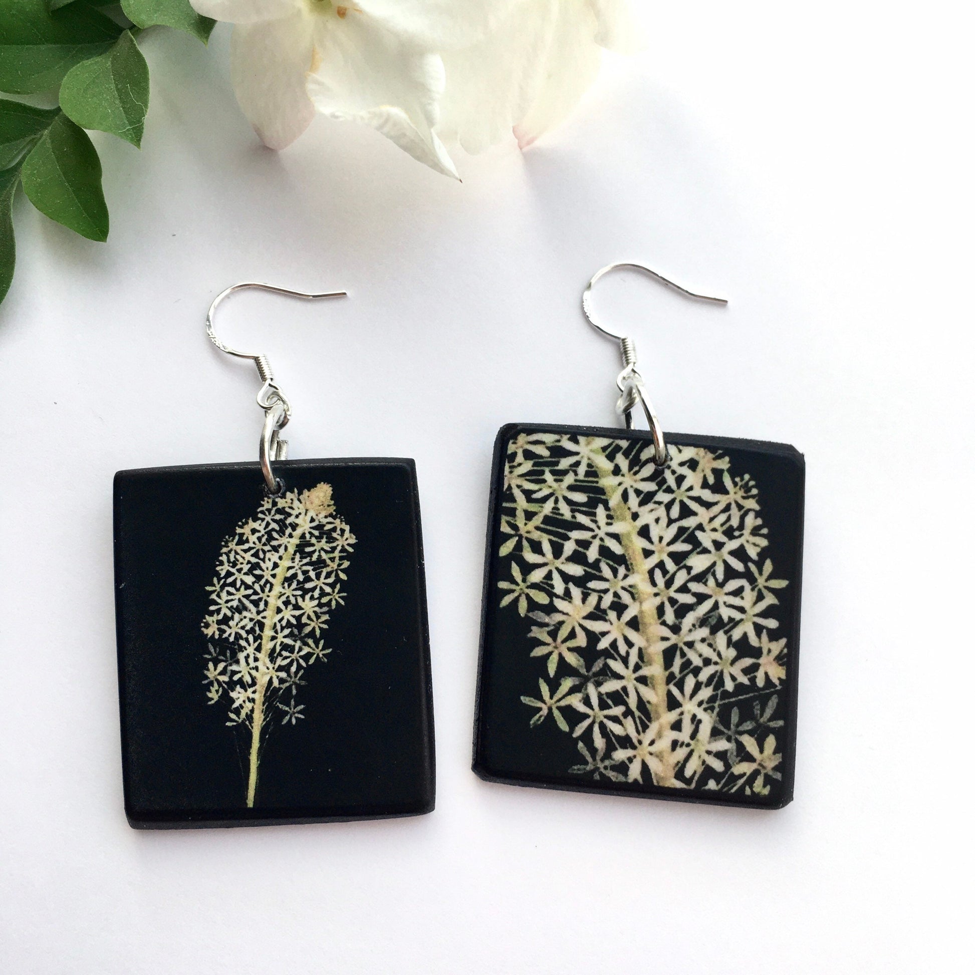 Museum-Inspired Sustainable Earrings Mary Delany, art earrings on wood and sterling silver hooks. Alternative,white floral, bride earrings, bridesmaid gift. Obljewellery