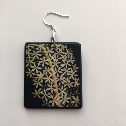 Museum-Inspired Sustainable Earrings Mary Delany, art earrings on wood and sterling silver hooks. Alternative,white floral, bride earrings, bridesmaid gift. Obljewellery