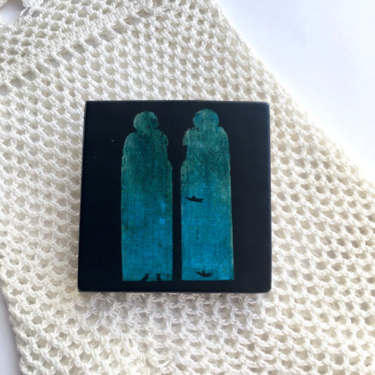 Art brooch with a detail of the painting “St. Jerom in his Study” by Italian Renaissance famous artist Antonello da Messina. Sustainable wood and nickel free back security pin.  Obljewellery art, statement jewellery on sustainable woof. Quirky, artsy gift.