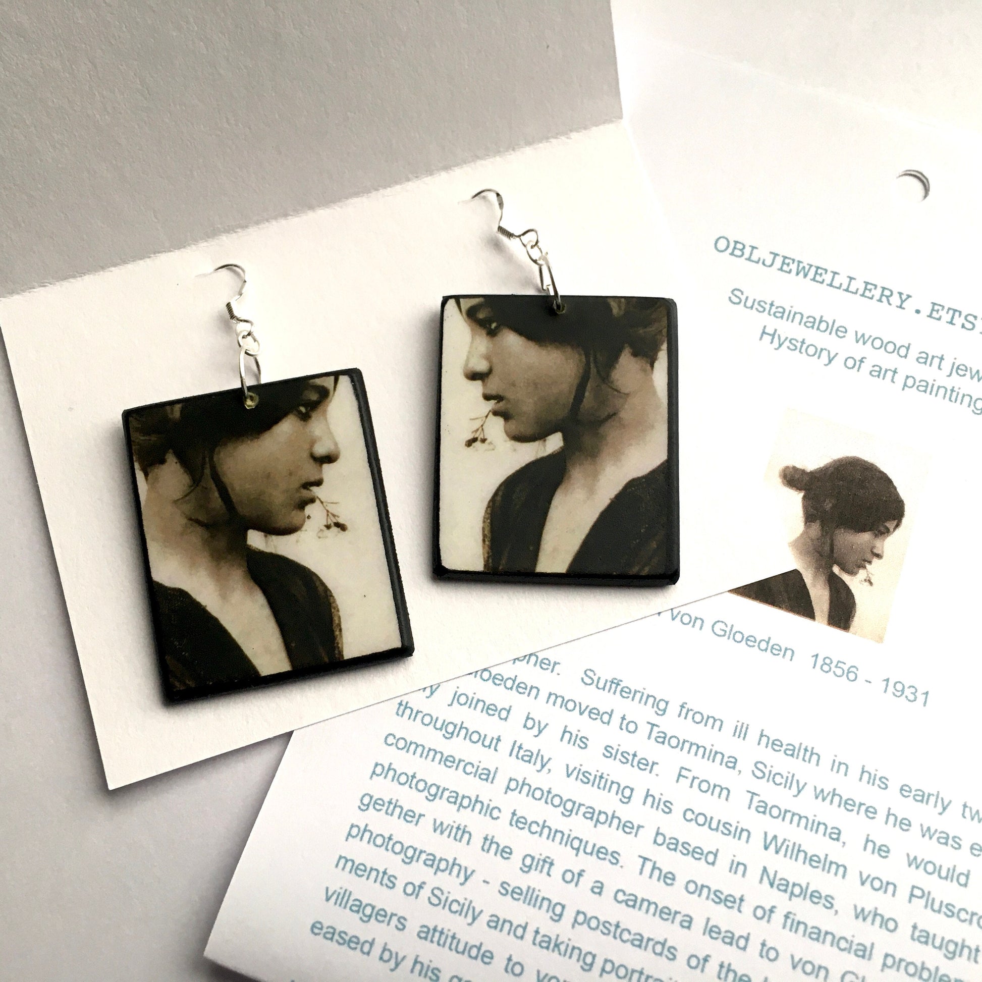 Museum-Inspired Sustainable Earrings Symmetrical mismatched Art Earrings, Wood and real silver hooks. Inspired by Wilhelm von Gloeden. Obljewellery