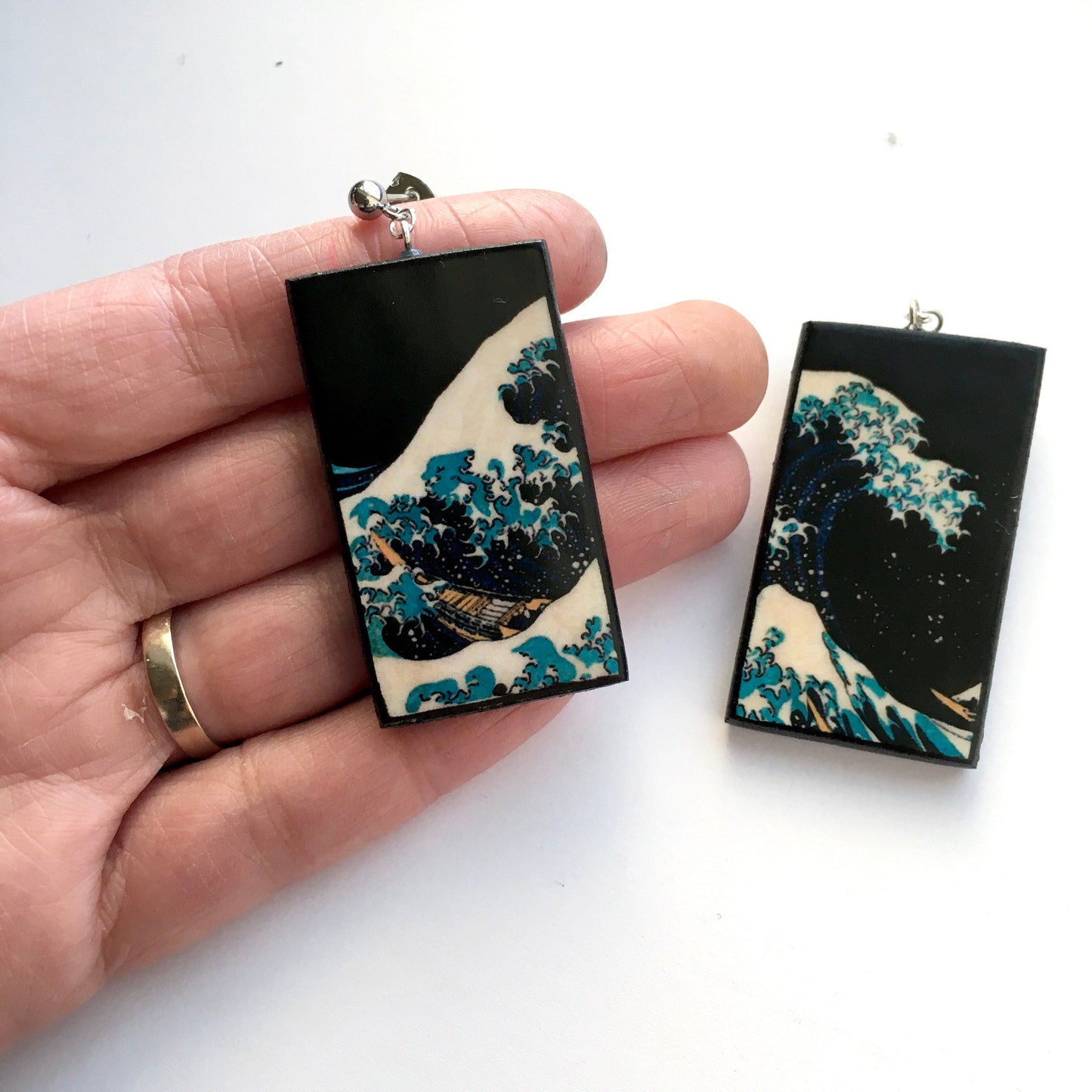 Summer earrings, sustainable fashion. Hokusai, The Great Wave, wooden art earrings, summer gift.