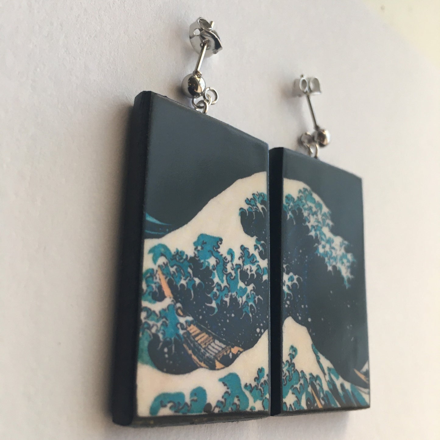 Summer earrings, sustainable fashion. Hokusai, The Great Wave, wooden art earrings, summer gift.