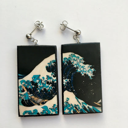 Museum-Inspired Sustainable Earrings Summer earrings, sustainable fashion. Hokusai, The Great Wave, wooden art earrings, summer gift. Obljewellery