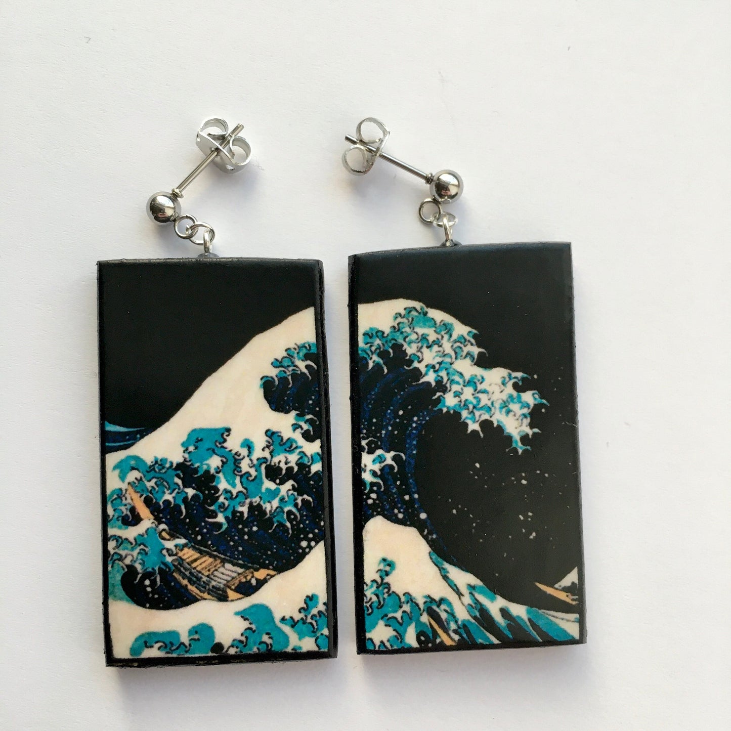 Summer earrings, sustainable fashion. Hokusai, The Great Wave, wooden art earrings, summer gift.