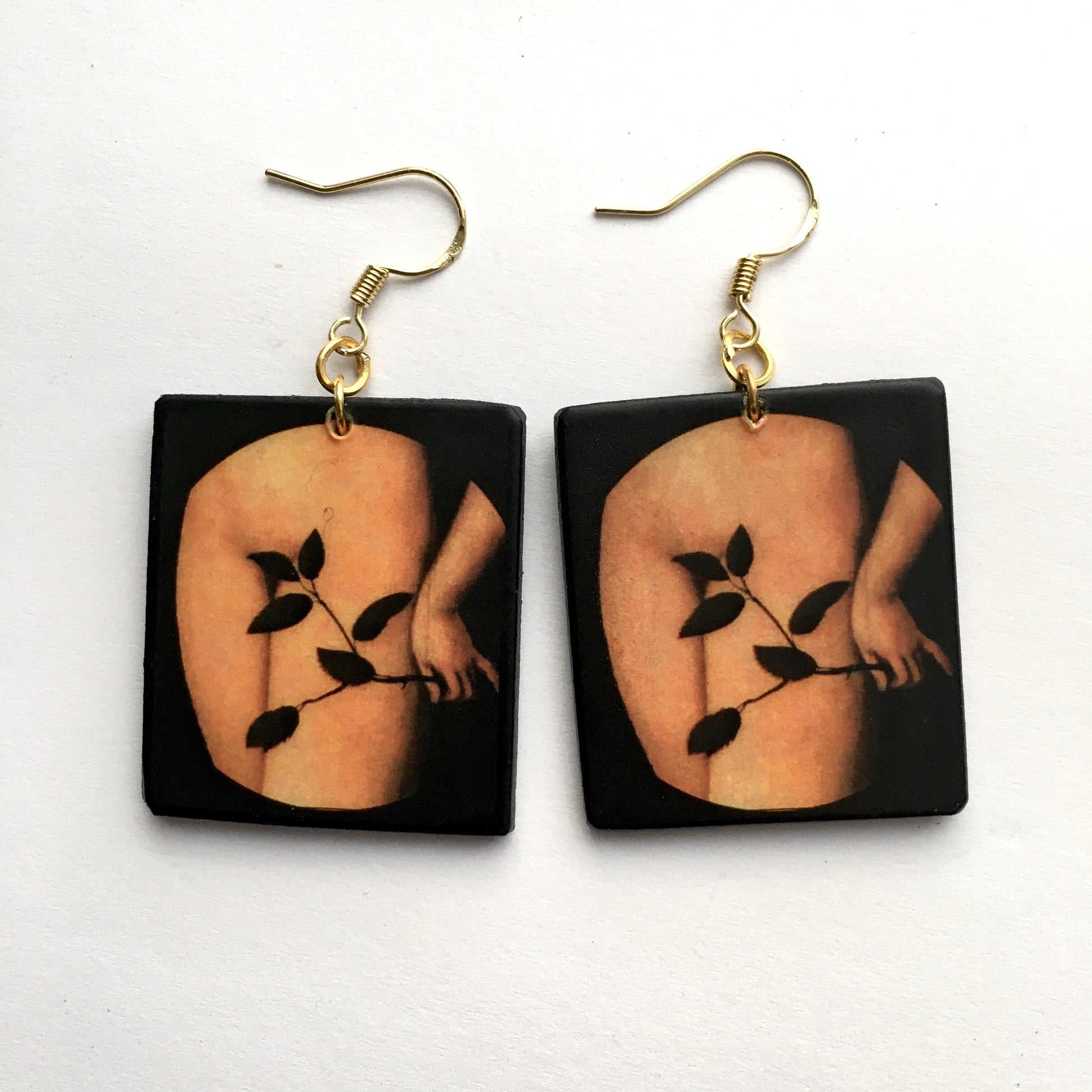Eccentric artsy earrings, wood earrings with Renaissance famous painting Adam and Eva detail by artist Cranach.