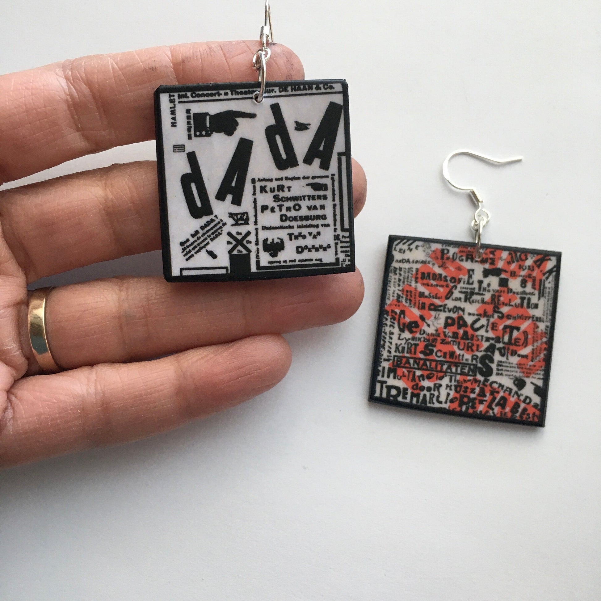 Art earrings on sustainable wood and sterling silver hooks, lightweight earrings. These earrings with Dadaism art print by artist Theo van Doesburg are unique and unusual gift for art lovers.