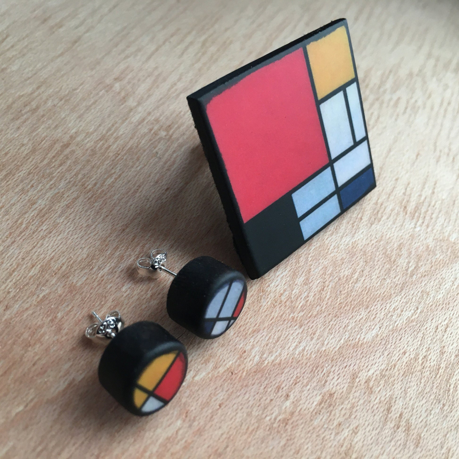 Museum-Inspired Sustainable Rings Mondrian wooden jewellery set, silver stud earrings, big square ring. Long distance gift. Obljewellery