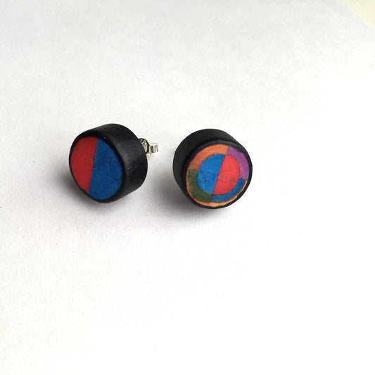 Robert Delaunay art earrings. Sustainable wood, sterling silver stud earrings. Teen girl gift.