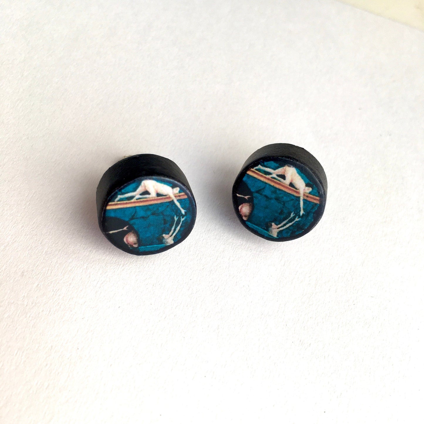 Hieronymus Bosch art stud earrings. These earrings are professionally handmade with sustainable wood and sterling silver back push stud earrings. These artsy earrings are unisex and cool.