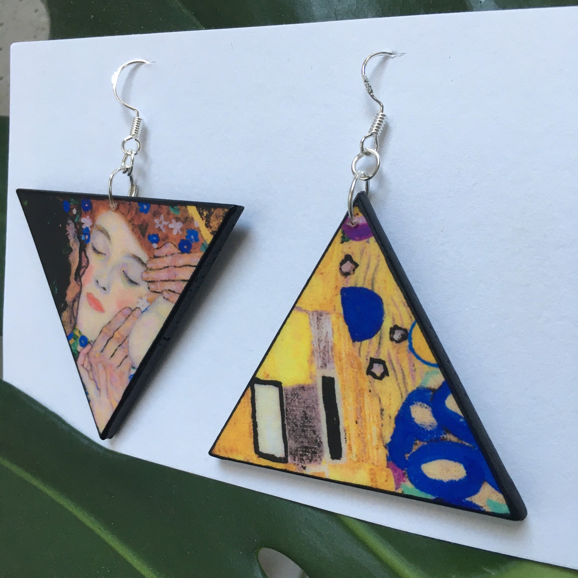 Obljewellery Earrings inspired by Gustav Klimt and his painting The Kiss to create these  triangular, earrings on wood with silver hooks.