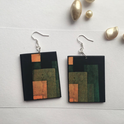 Museum-Inspired Sustainable Earrings Paul Klee artsy earrings, sustainable wood, 925 silver hooks. Birthday girl gift. Obljewellery