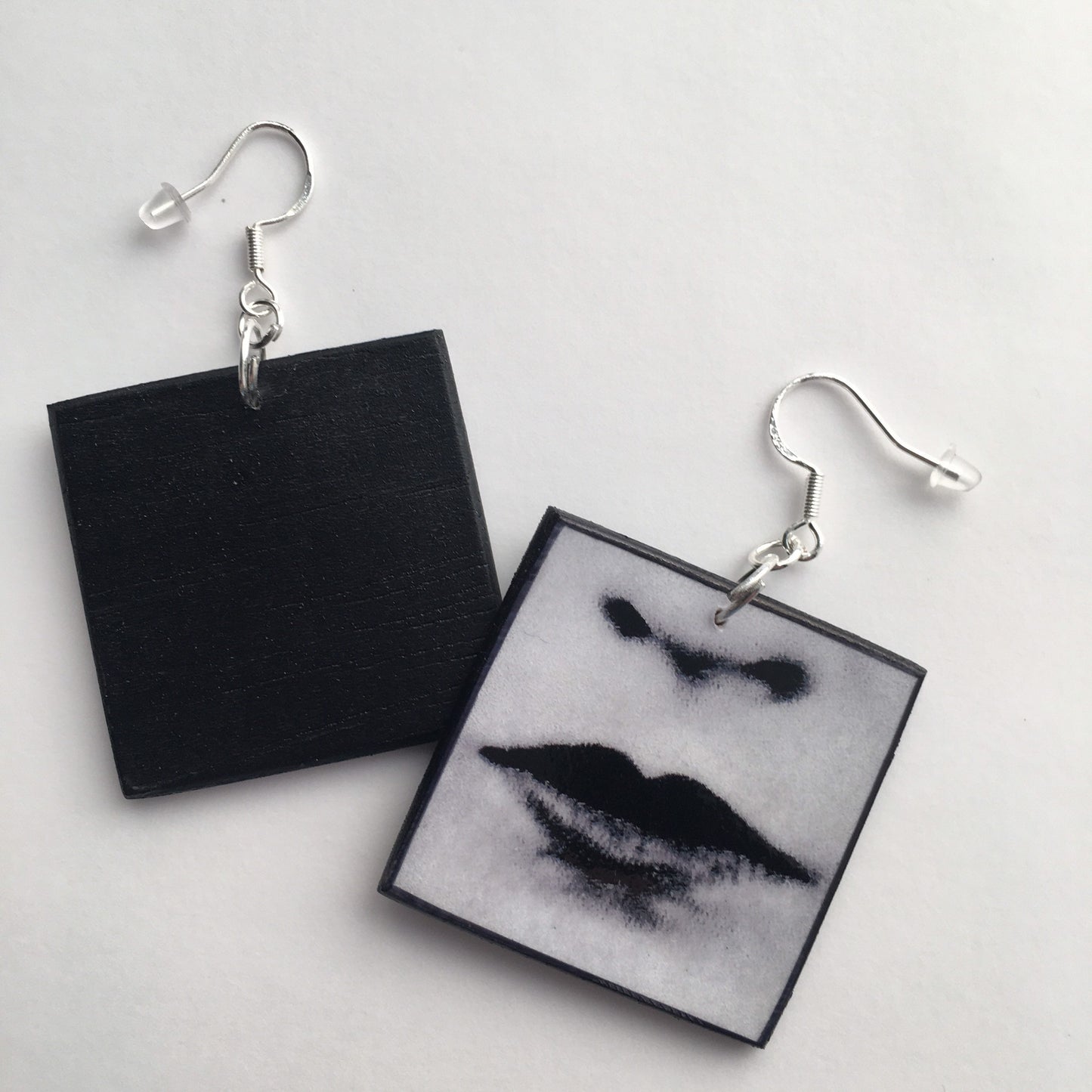 obljewellery wood square earrings. Black and white earrings with details of pop face, lips, nose.