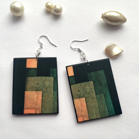 Paul Klee artsy earrings, sustainable wood, 925 silver hooks. Birthday girl gift.