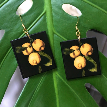Museum-Inspired Sustainable Earrings Lemon art earrings, sustainable wooden earrings. Wearable artsy gift. Obljewellery