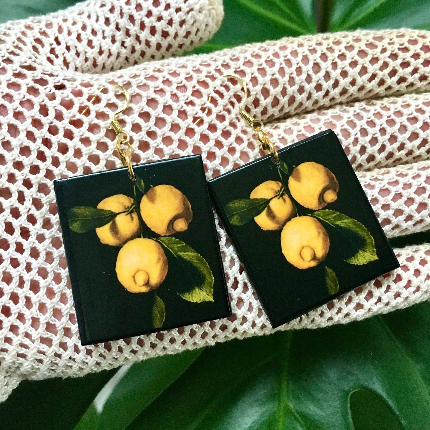Lemon art earrings, sustainable wooden earrings. Wearable artsy gift.
