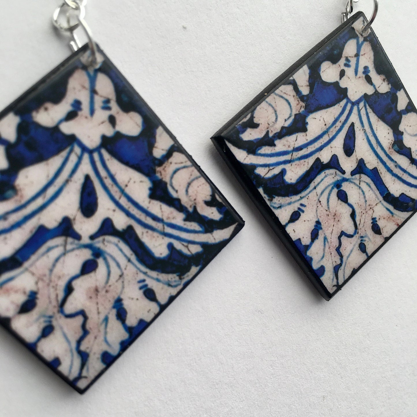 Museum-Inspired Sustainable Earrings Blue and white earrings, wood artsy earrings. Obljewellery