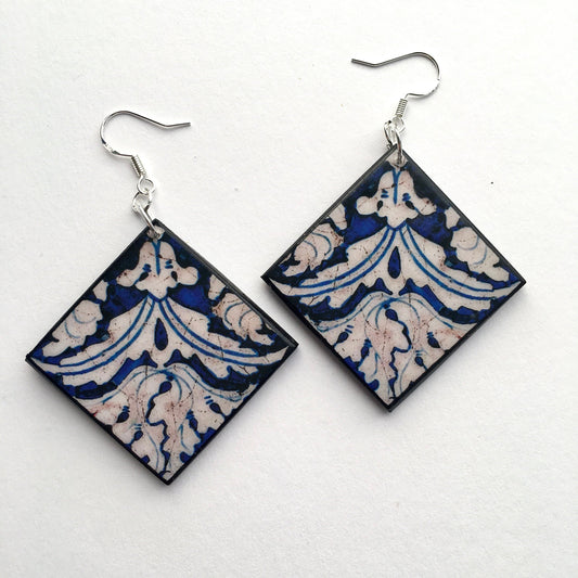 Museum-Inspired Sustainable Earrings Blue and white earrings, wood artsy earrings. Obljewellery