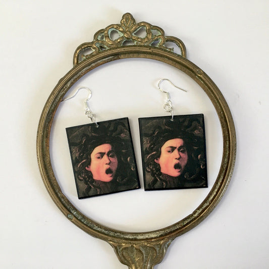 Medusa art earrings, impressive painting by Italian artist Caravaggio (Michelangelo Merisi). Lightweight wood, gothic style earrings with sterling silver hooks, completely handmade by obljewellery