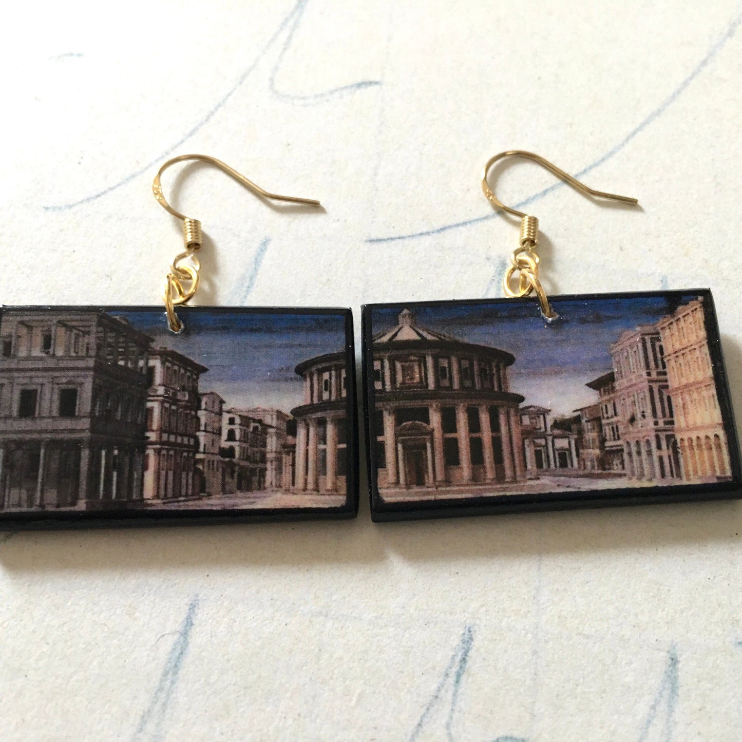 Renaissance art earrings, sustainable wood jewelry. Architect, artsy gift.