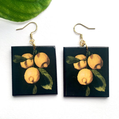 Museum-Inspired Sustainable Earrings Lemon art earrings, sustainable wooden earrings. Wearable artsy gift. Obljewellery