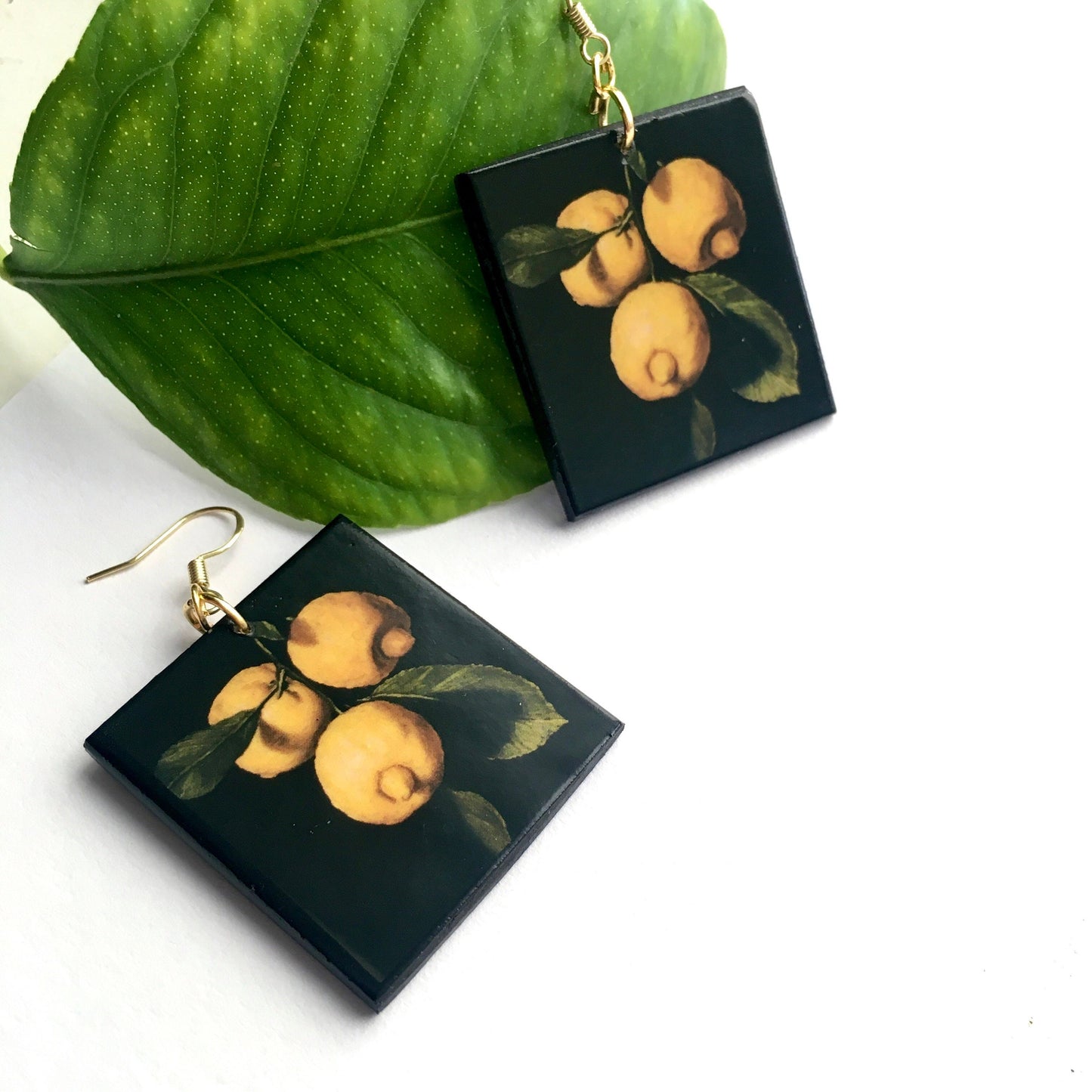 Museum-Inspired Sustainable Earrings Lemon art earrings, sustainable wooden earrings. Wearable artsy gift. Obljewellery