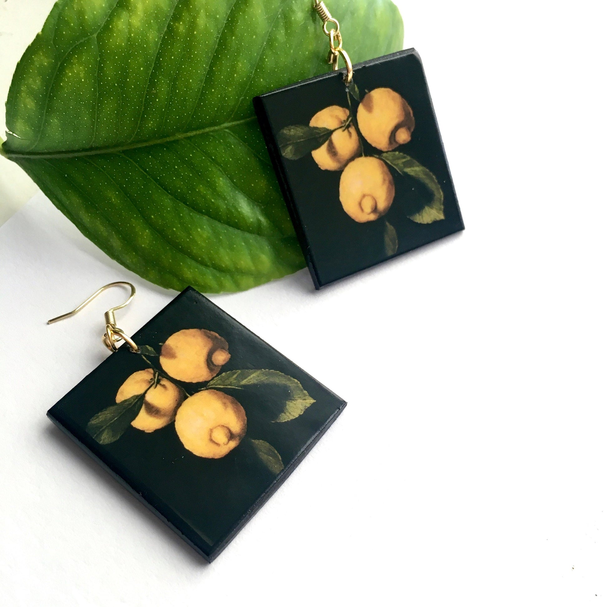 Museum-Inspired Sustainable Earrings Lemon art earrings, sustainable wooden earrings. Wearable artsy gift. Obljewellery