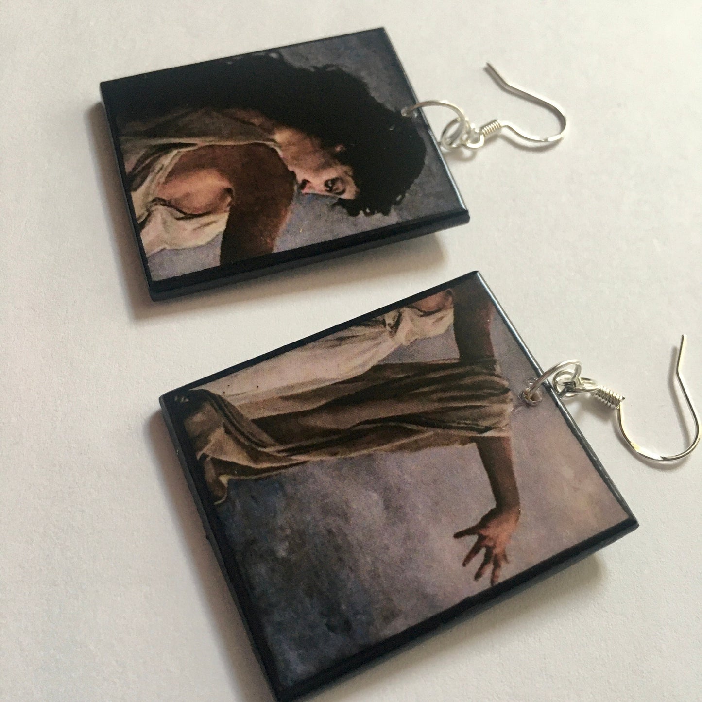 Sappho jewellery artsy gift, sustainable wood earring with the painting of Miguel Carbonell Silva "The Death of Sappho2. Lesbian aesthetic earrings.