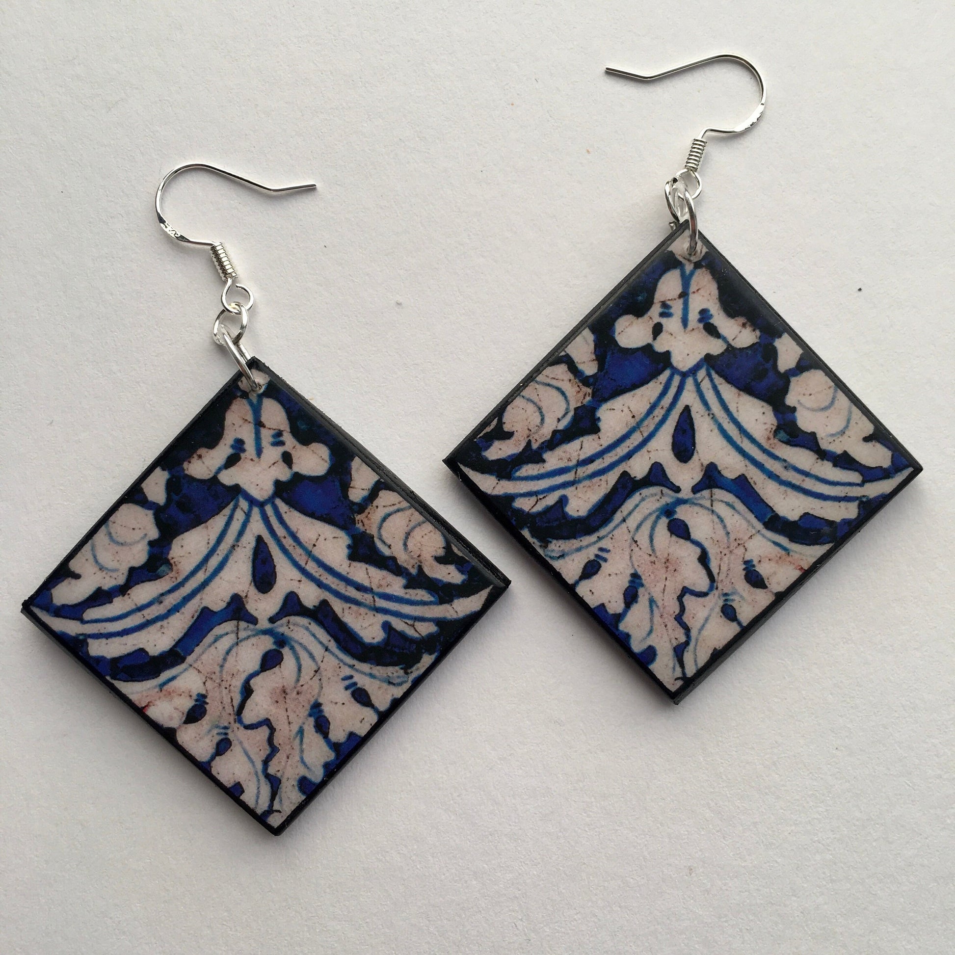 Blue and white earrings in Italian Baroque ceramic tiles . Handmade on wood. The artsy earrings by Obljewellery