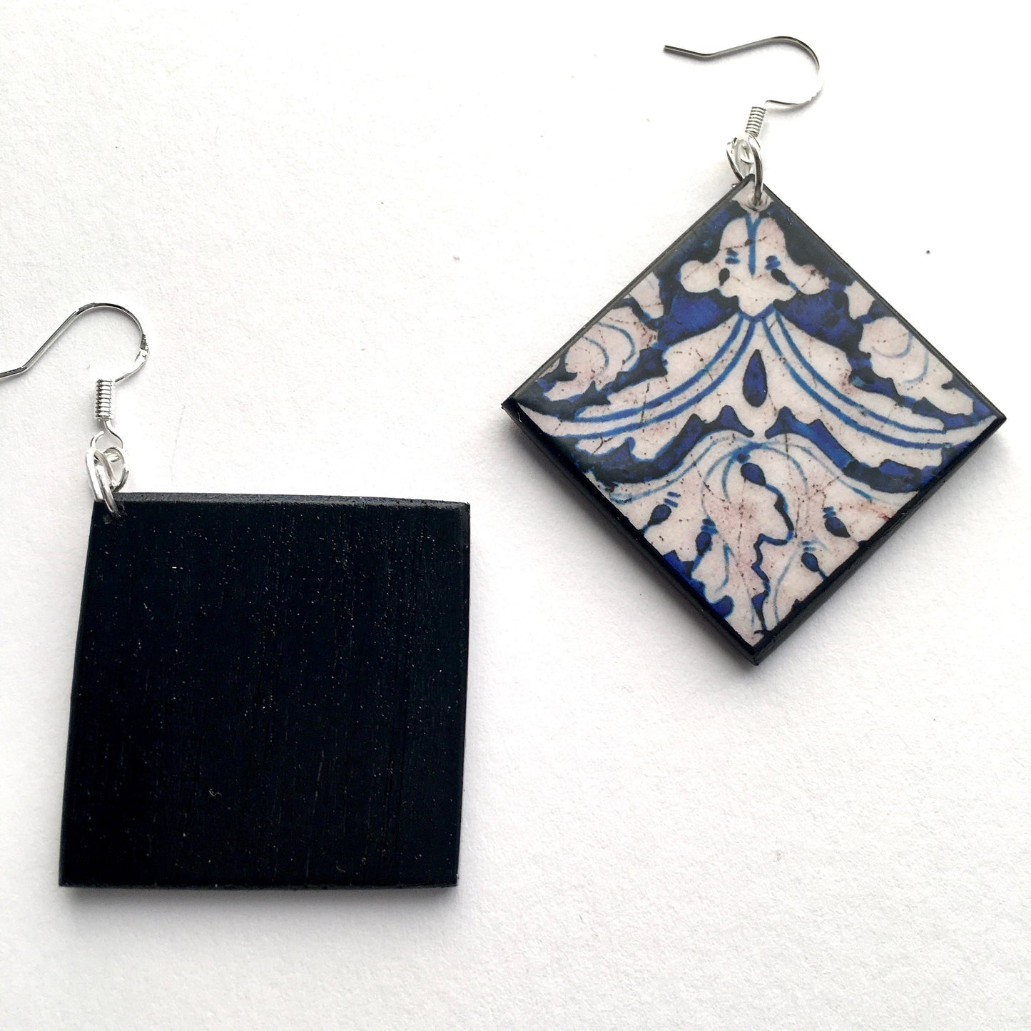 Blue and white earrings, wood artsy earrings.