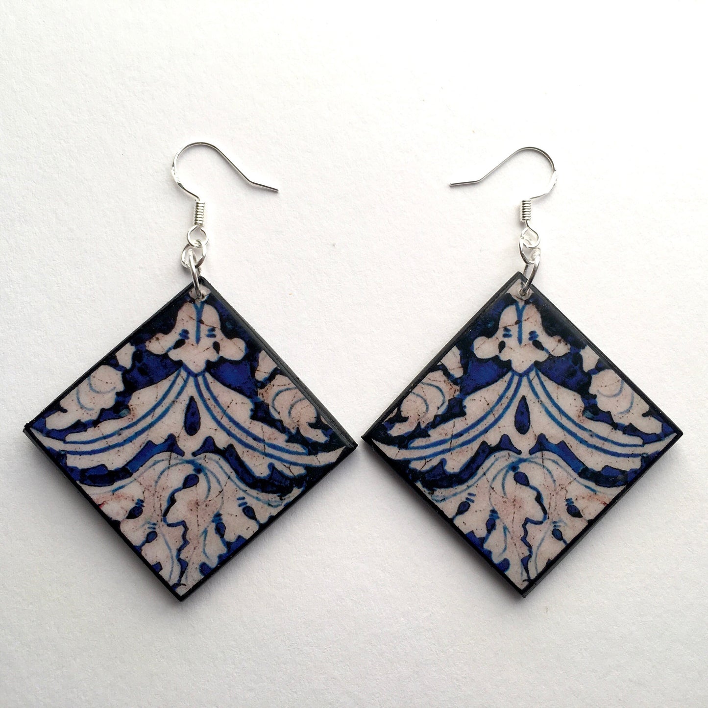 Museum-Inspired Sustainable Earrings Blue and white earrings, wood artsy earrings. Obljewellery