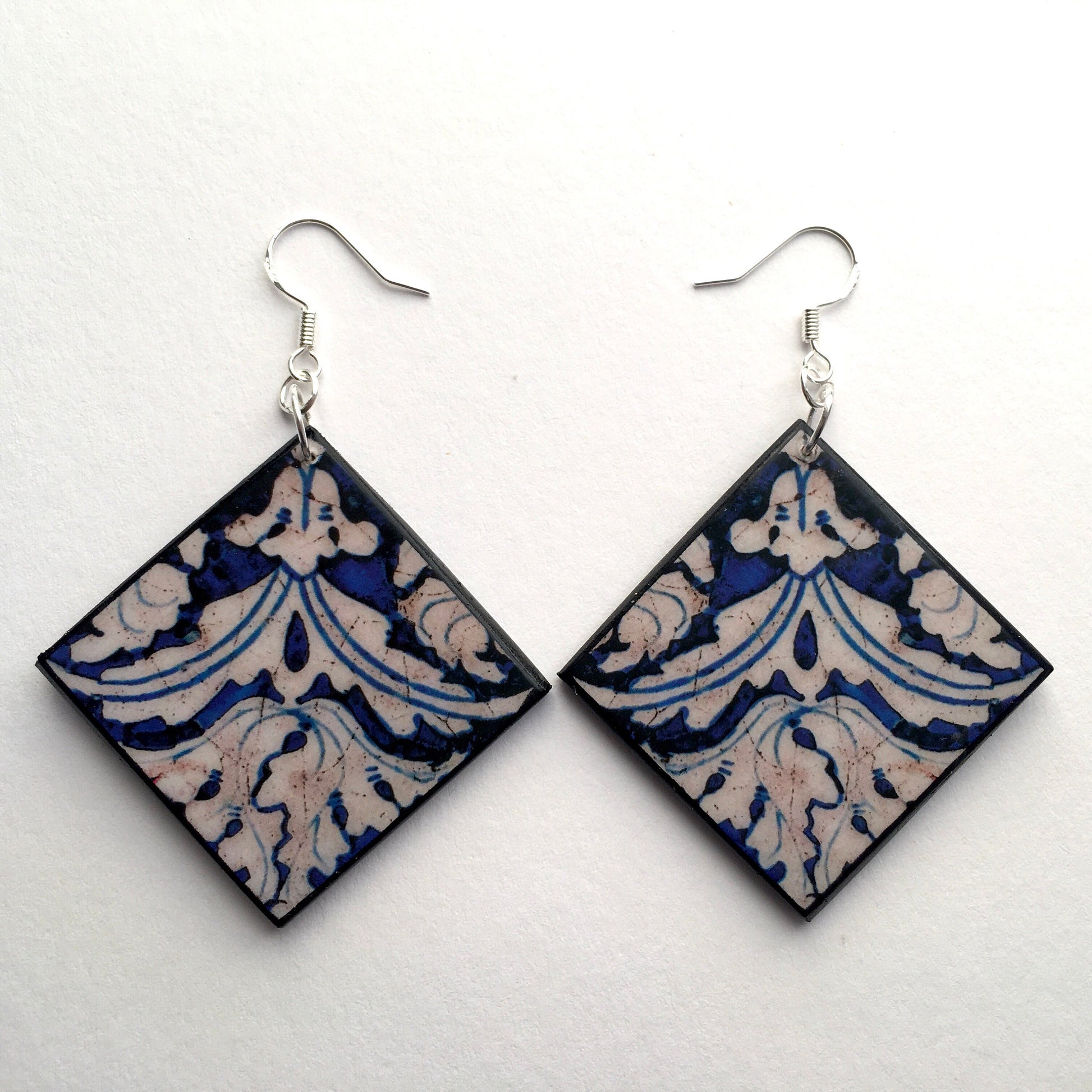 Museum-Inspired Sustainable Earrings Blue and white earrings, wood artsy earrings. Obljewellery