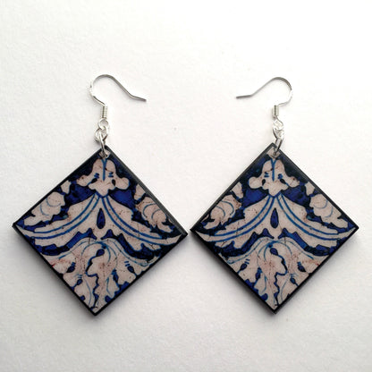 Museum-Inspired Sustainable Earrings Blue and white earrings, wood artsy earrings. Obljewellery