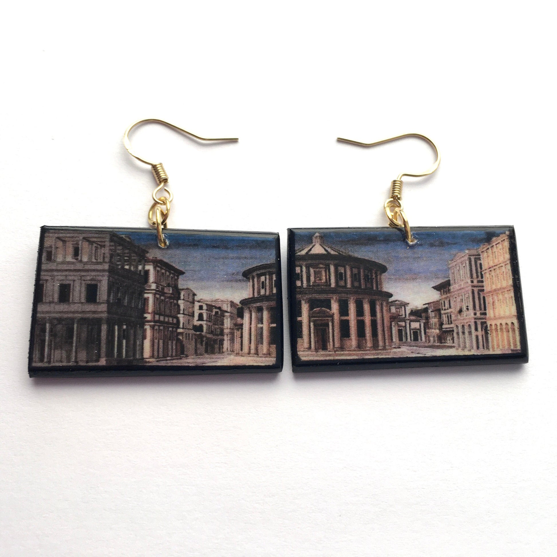 The Ideal City Urbino, statement, mismatched earrings with the prospective of the  city. Renaissance art jewellery by Obljewellery on sustainable wood. Artsy, architect gift.
