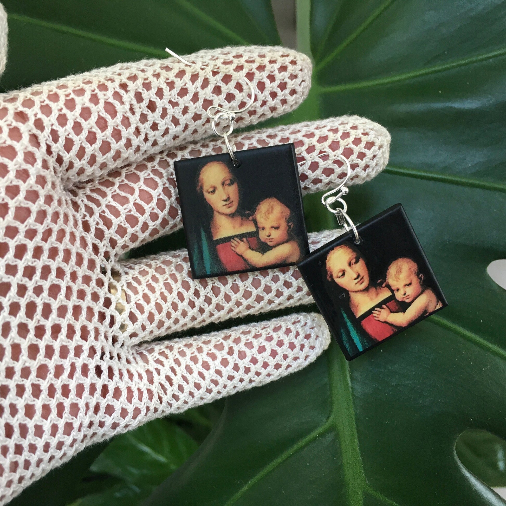 Museum-Inspired Sustainable Earrings Madonna with Child, Raphael art earrings Obljewellery