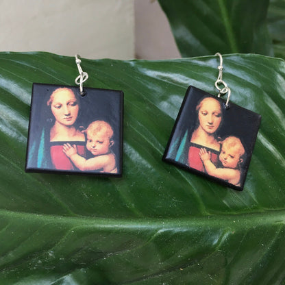 Museum-Inspired Sustainable Earrings Madonna with Child, Raphael art earrings Obljewellery