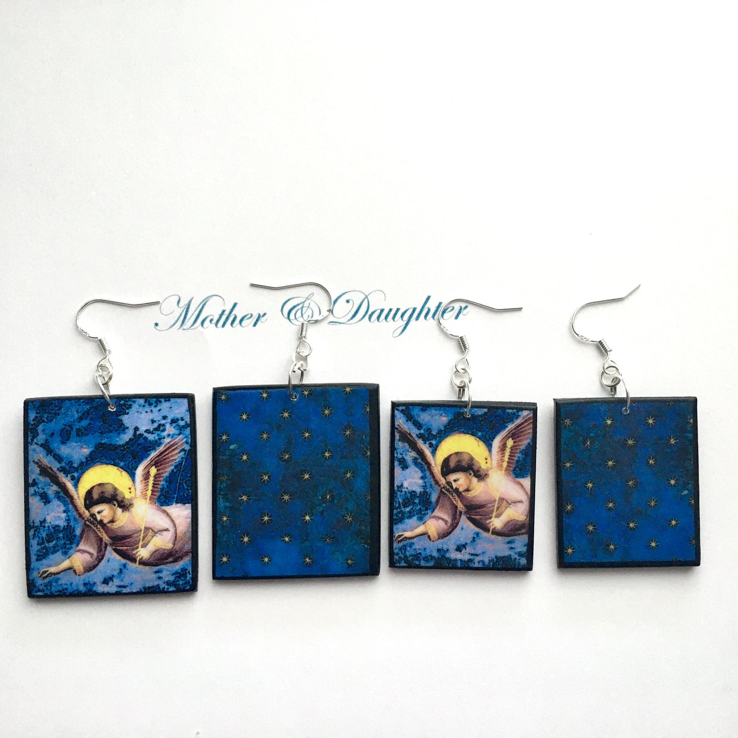 Giotto earrings, set o two pair of different size with art details from Cappella degli Scrovegni.  Mother and daughter sustainable, artsy gift. Lightweight earrings on sustainable wood and sterling silver hooks earrings with a lapislaz starry sky and an angel.