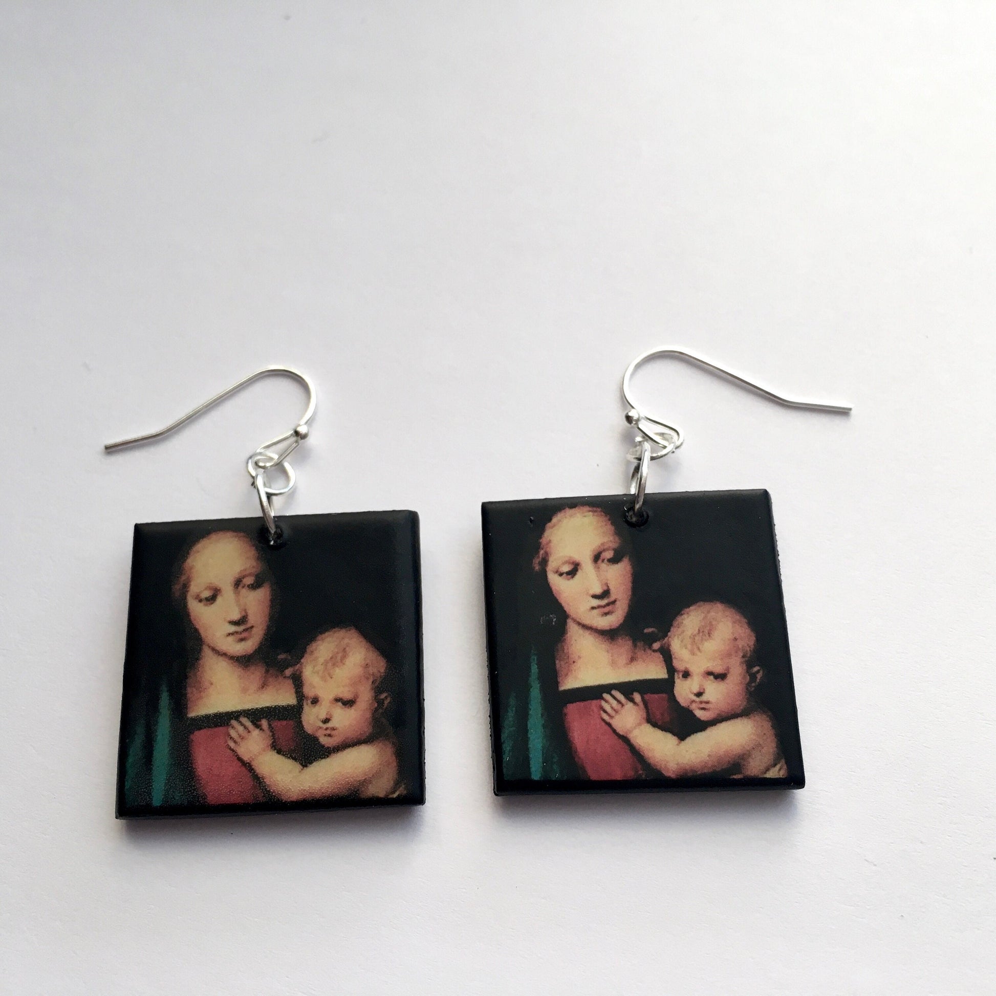 wooden earrings, Madonna with Child (Mandonna del Granduca by Raffaello Sanzio (Raphael)). These 1 inch wood earrings are the unique Christmas earrings for her. 