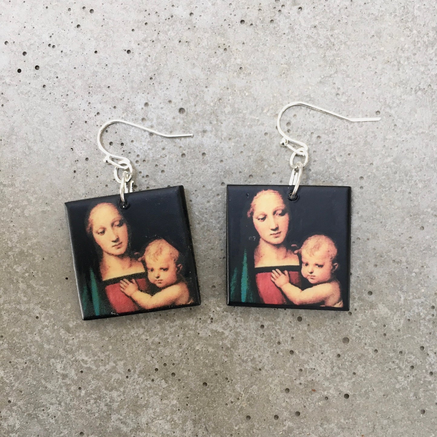 Museum-Inspired Sustainable Earrings Madonna with Child, Raphael art earrings Obljewellery